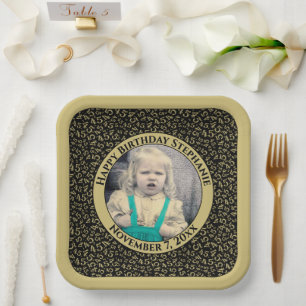 Your Photo 45 Random Number Pattern Black/Gold  Paper Plate
