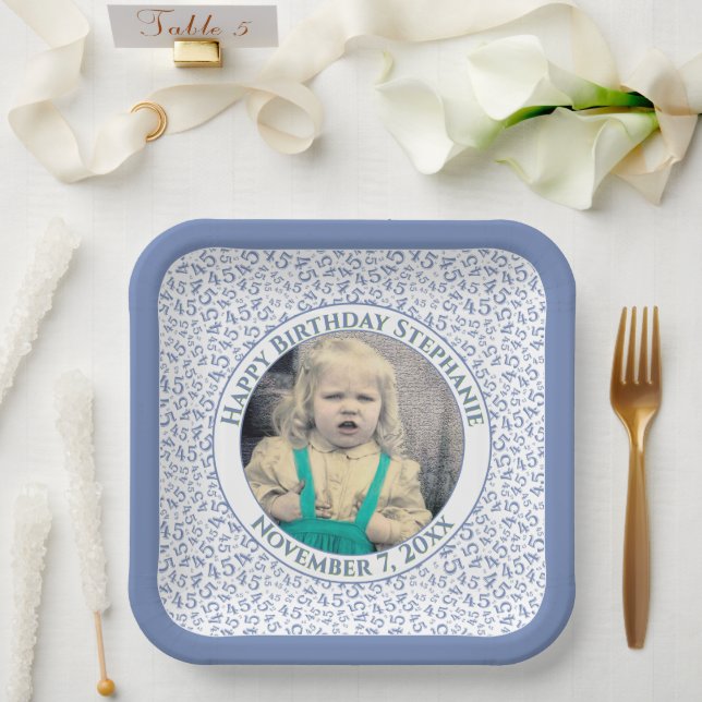Your Photo 45 Random Number Pattern Blue/White  Paper Plate (Wedding)