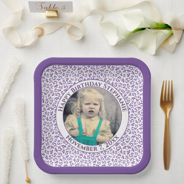 Your Photo 45 Random Number Pattern Purple/White  Paper Plate (Wedding)
