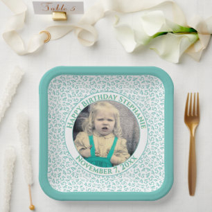 Your Photo 45 Random Number Pattern Teal/White  Paper Plate