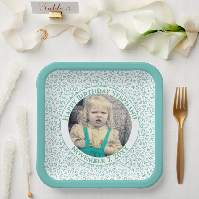 Your Photo 45 Random Number Pattern Teal/White  Paper Plate (Wedding)