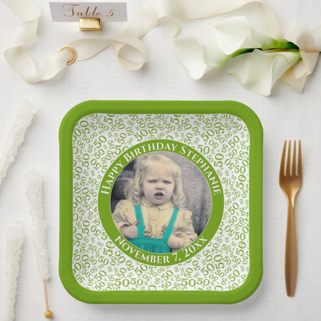 Your Photo 50 Random Number Pattern Green/White  Paper Plate (Wedding)