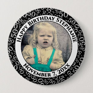 Your Photo 50th Birthday Number Pattern Black 10 Cm Round Badge