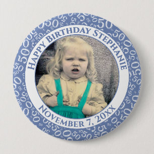 Your Photo 50th Birthday Number Pattern Blue 10 Cm Round Badge