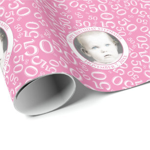 Your Photo   50th Pink Random Number Pattern Wrapping Paper