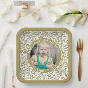 Your Photo 60 Random Number Pattern Gold/White Paper Plate