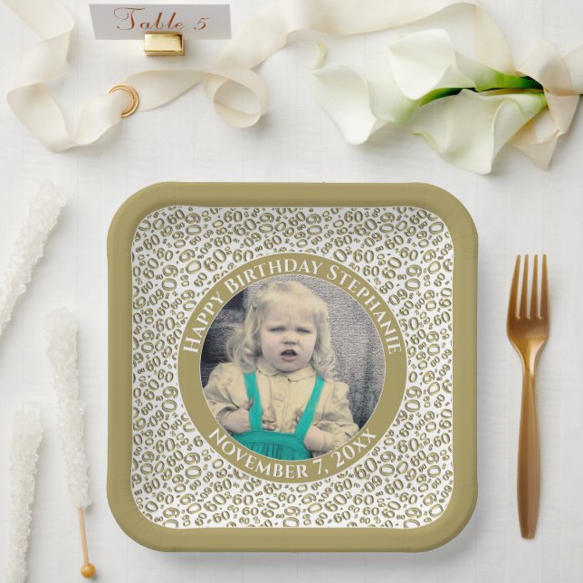 Your Photo 60 Random Number Pattern Gold/White  Paper Plate (Wedding)