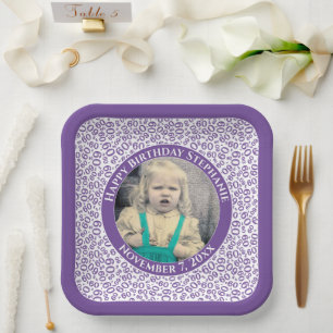 Your Photo 60 Random Number Pattern Purple/White Paper Plate