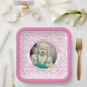 Your Photo 65 Random Number Pattern Pink/White  Paper Plate