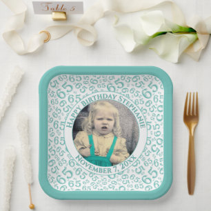 Your Photo 65 Random Number Pattern Teal/White Paper Plate