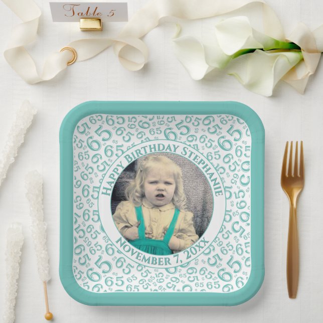 Your Photo 65 Random Number Pattern Teal/White  Paper Plate (Wedding)