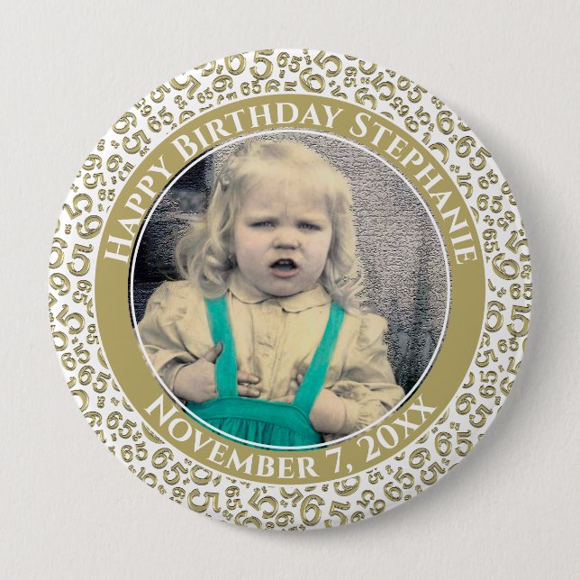 Your Photo 65th Birthday Number Pattern | Gold 10 Cm Round Badge (Front)