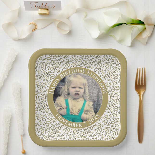 Your Photo 70 Random Number Pattern Gold/White  Paper Plate (Wedding)