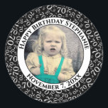 Your Photo 70th Birthday Number | Black/White 70 Classic Round Sticker<br><div class="desc">This is a commemorative button with your photo and text for celebrating your 70th Birthday. There is a text template to make it easy to change the message and date. There is also a photo template to make it easy to add your image. This black-and-white picture frame is a random...</div>