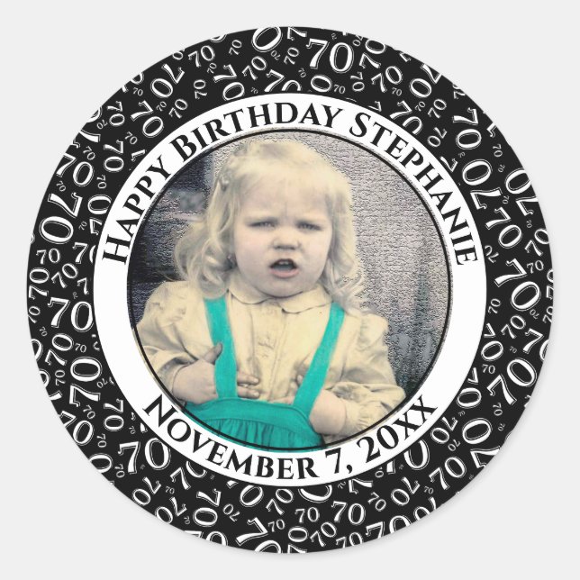 Your Photo 70th Birthday Number | Black/White 70 Classic Round Sticker (Front)