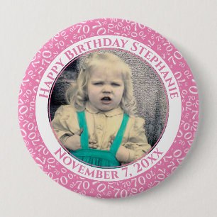 Your Photo 70th Birthday Number Pattern Pink 10 Cm Round Badge