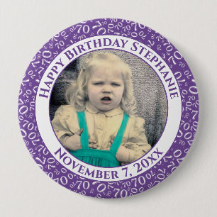 Your Photo 70th Birthday Number Pattern Purple 10 Cm Round Badge