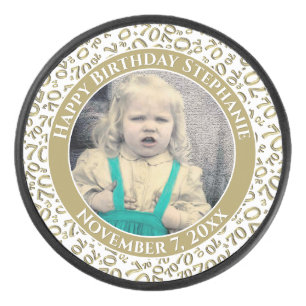 Your Photo 70th Random Number Pattern Gold/White Hockey Puck