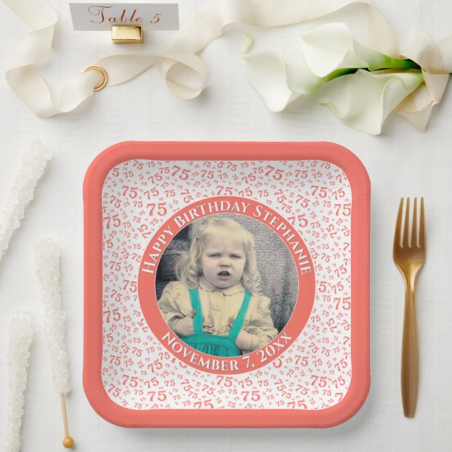 Your Photo 75 Random Number Pattern Coral/White  Paper Plate (Wedding)