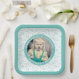 Your Photo 75 Random Number Pattern Teal/White  Paper Plate
