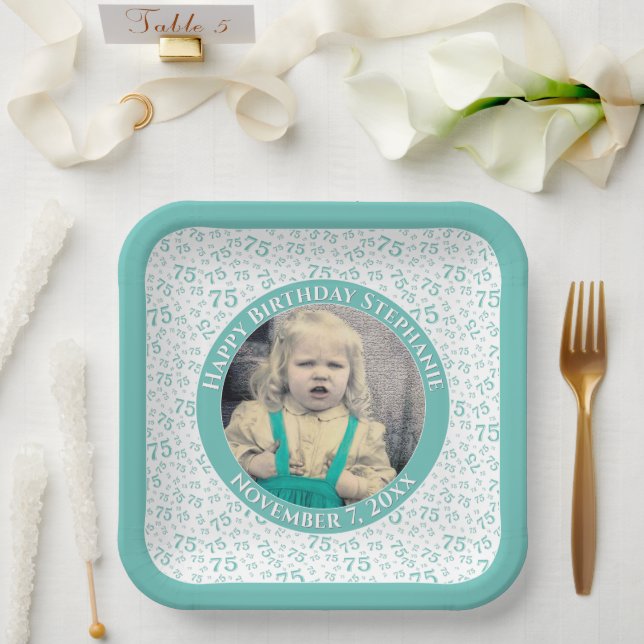 Your Photo 75 Random Number Pattern Teal/White  Paper Plate (Wedding)