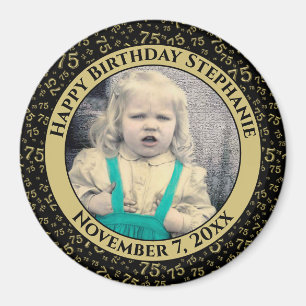 Your Photo 75th Birthday Pattern   Black/Gold Magnet