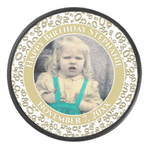 Your Photo 80th Random Number Pattern Gold/White Hockey Puck