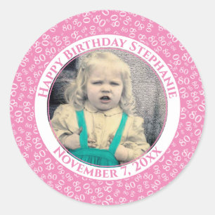 Your Photo 80th Random Number Pattern  Pink/White Classic Round Sticker