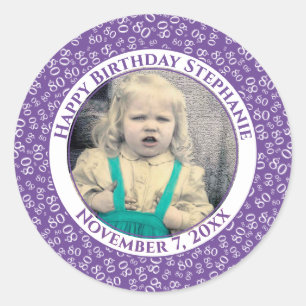 Your Photo 80th Random Number Pattern Purpl/White Classic Round Sticker