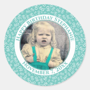 Your Photo 80th Random Number Pattern  Teal/White Classic Round Sticker