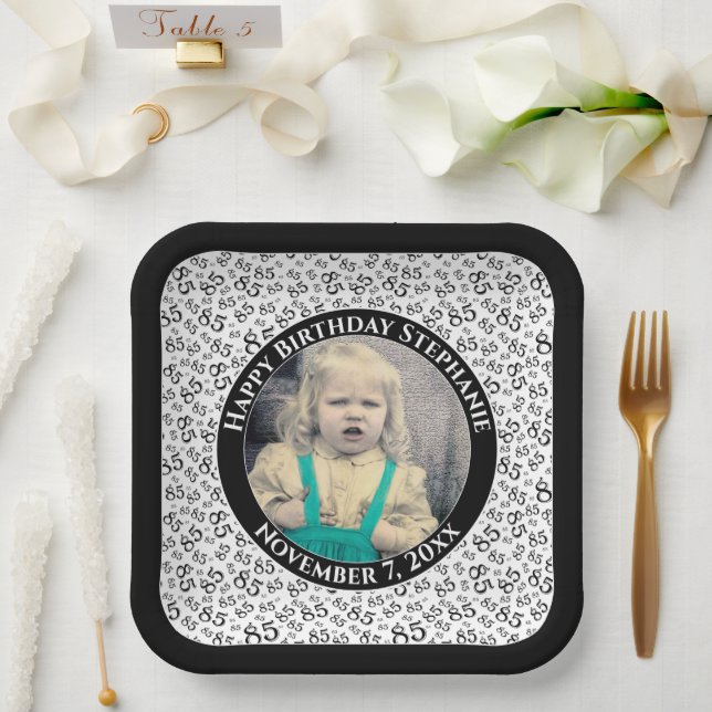 Your Photo 85 Random Number Pattern Black/White  Paper Plate (Wedding)