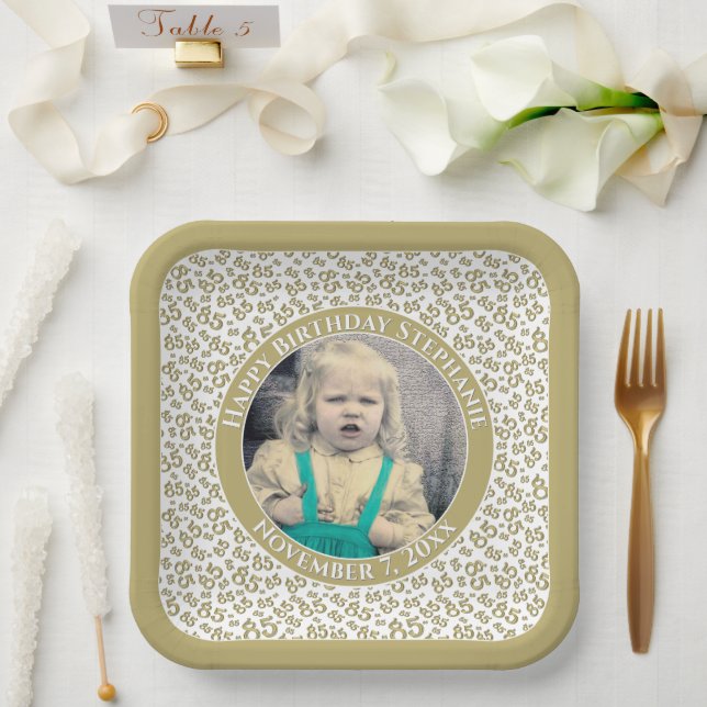 Your Photo 85 Random Number Pattern Gold/White  Paper Plate (Wedding)