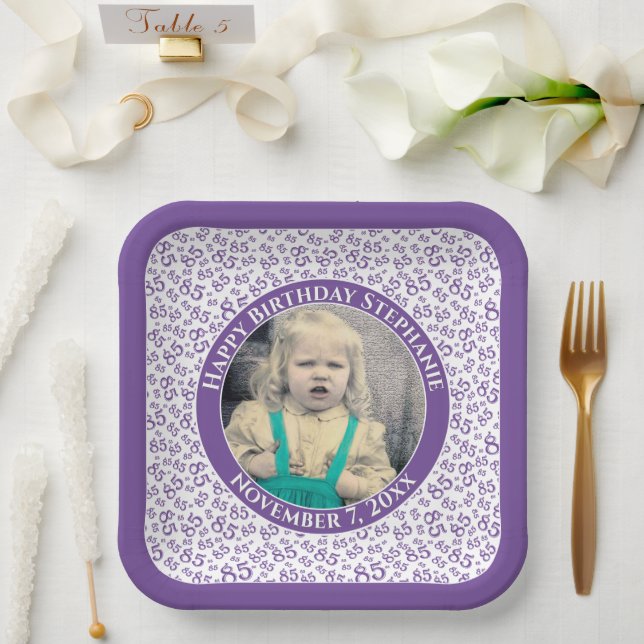 Your Photo 85 Random Number Pattern Purple/White  Paper Plate (Wedding)