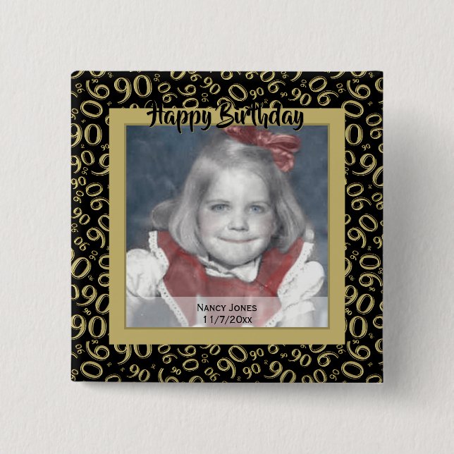 Your Photo 90 Random Number Pattern Black/Gold 15 Cm Square Badge (Front)