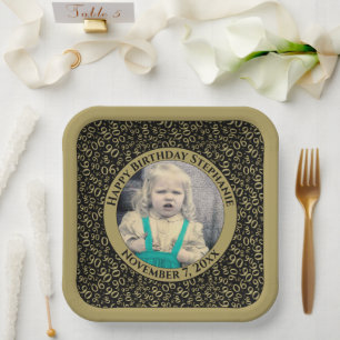 Your Photo 90 Random Number Pattern Black/Gold Paper Plate
