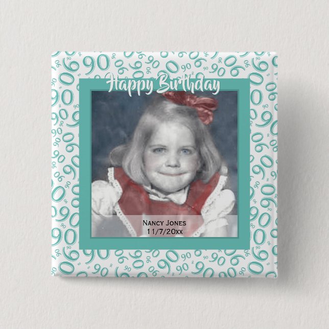 Your Photo 90 Random Number Pattern Teal/White 15 Cm Square Badge (Front)