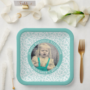 Your Photo 90 Random Number Pattern Teal/White Paper Plate