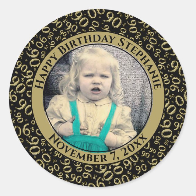 Your Photo 90th Birthday Number | Black/Gold 90 Classic Round Sticker (Front)