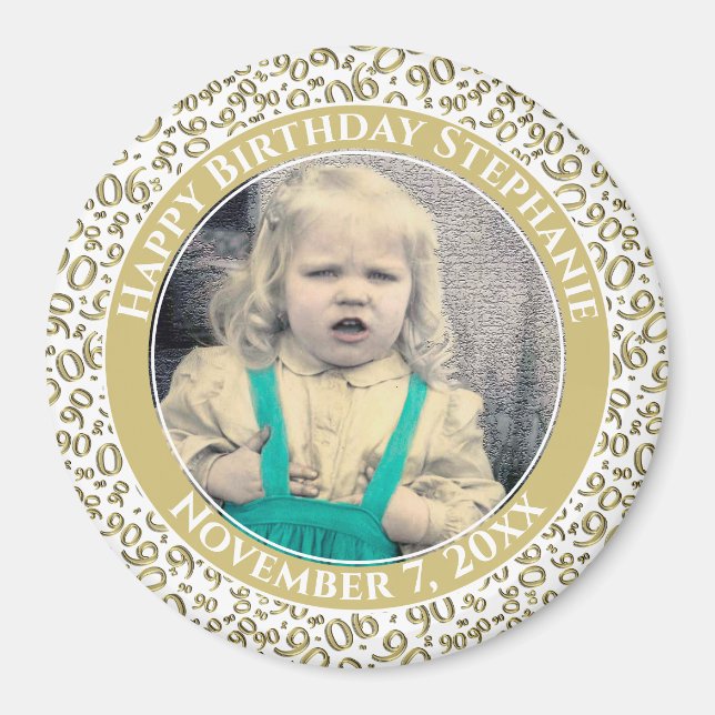 Your Photo 90th Birthday Pattern | Gold/White Magnet (Front)