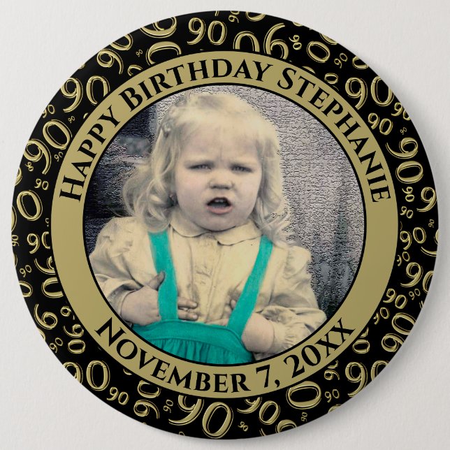 Your Photo:  90th Number Pattern Black & Gold 6 Cm Round Badge (Front)