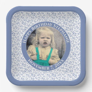 Your Photo 95 Random Number Pattern Blue/White Paper Plate