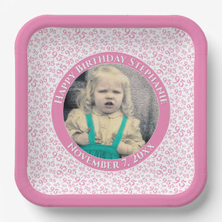 Your Photo 95 Random Number Pattern Pink/White Paper Plate