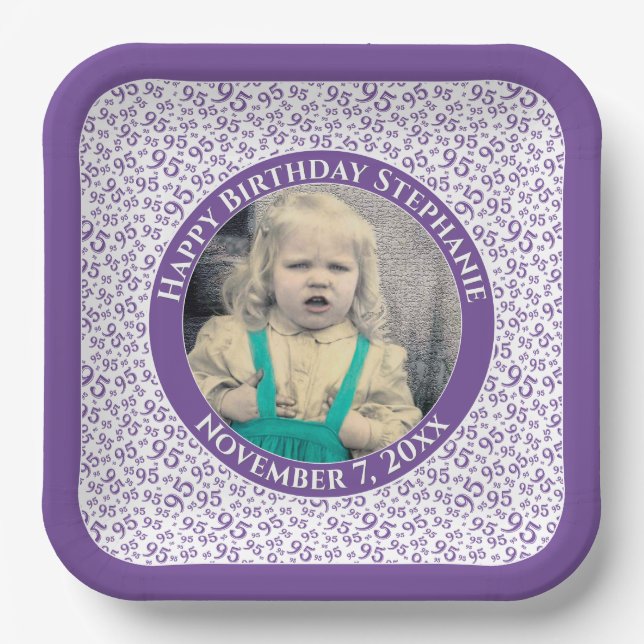 Your Photo 95 Random Number Pattern Purple/White Paper Plate (Front)