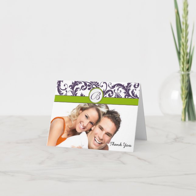 Your Photo Apple Green & Lapis Damask Thank You Card (Front)