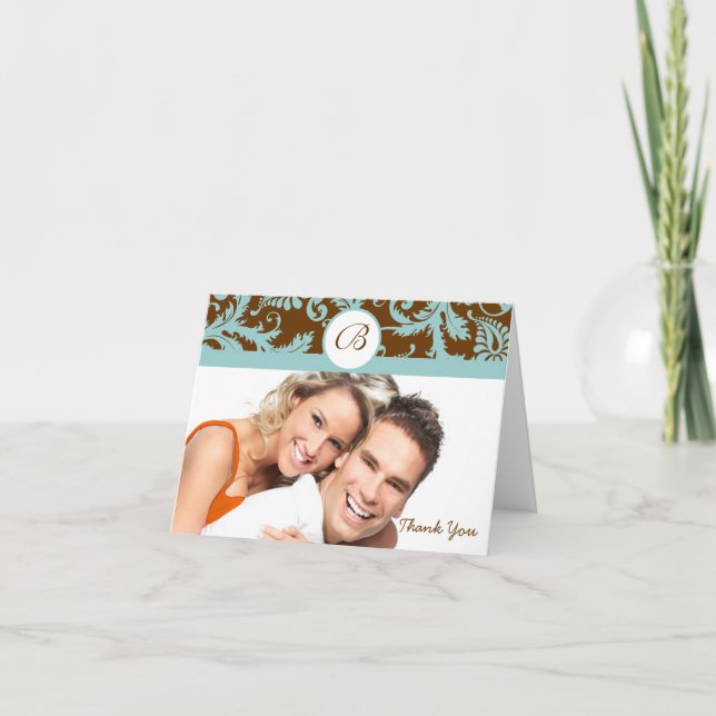 Your Photo Aqua & Brown Damask Wedding Thank You Card (Front)