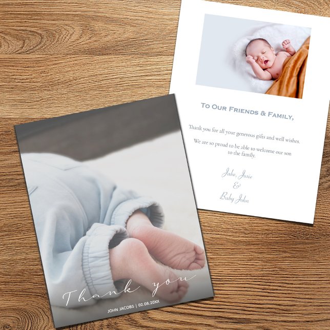 Your photo, baby boy, baby shower thank you card (Baby shower "Thank you" card with full cover photo and a second photo and message on the back)