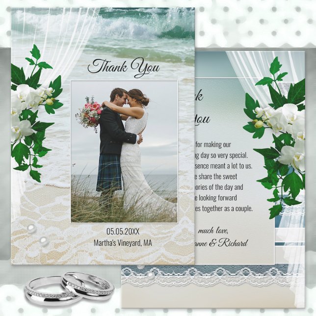 Your Photo Beach Lace Wedding Thank You Card (Creator Uploaded)