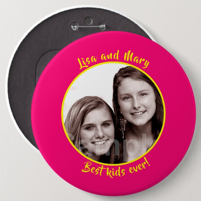 Your Photo Best Kids Ever Pink and Yellow 6 Cm Round Badge (Front & Back)