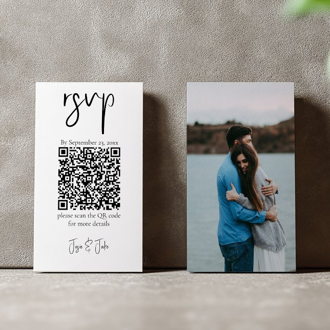 Your photo, black and white QR code wedding RSVP Enclosure Card (Black and white qr code rsvp with full cover photo)