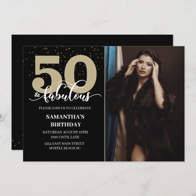 Your Photo Black Gold 50 Fabulous Birthday Party Invitation (Front/Back)